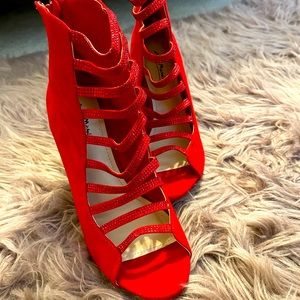 NEVER WORN Red Sparkle Strap Heels